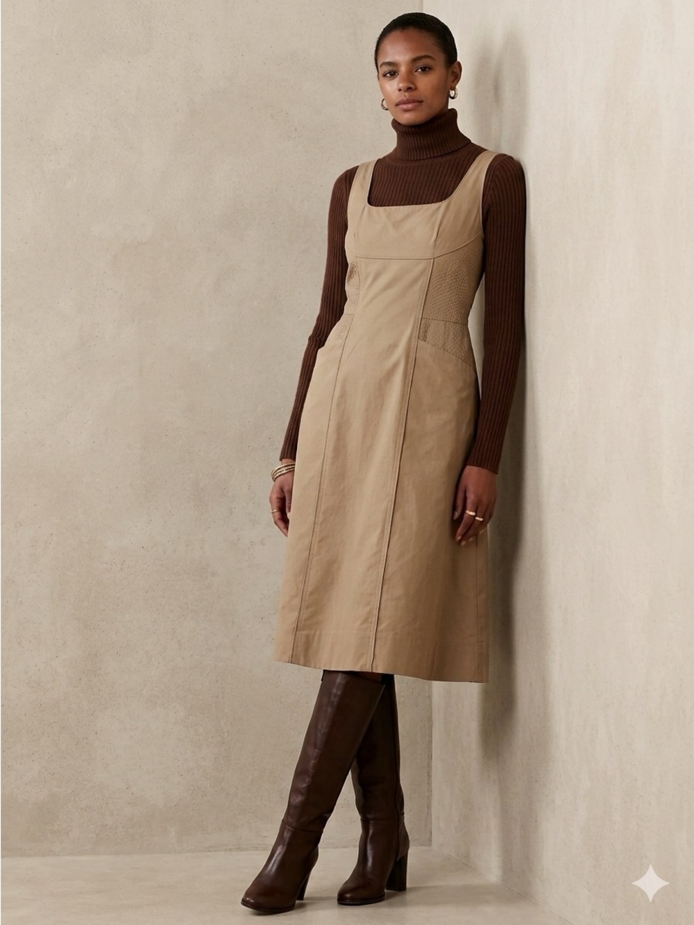 Banana Republic Seamed Poplin Midi Dress Size 8 Tan Cotton Square Neck Pockets